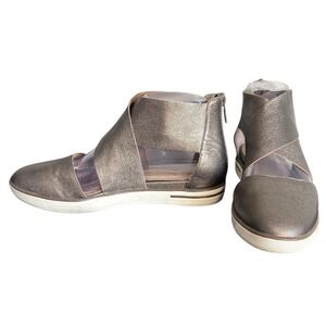 Eileen Fisher‎ Carver Bronze Metallic Leather Zipper Crisscross Ankle Wedge Sz 7